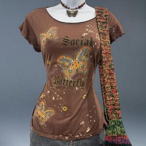Rave Brown Butterfly Graphic Baby Tee Y2K Fairy Grunge Top Fits Small